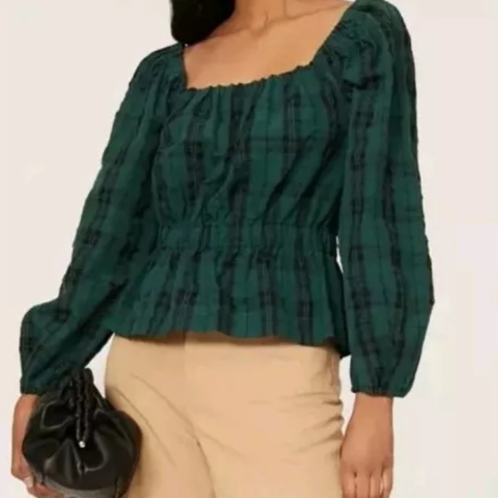 Tanya Taylor Georgetta Top Woman Plus Sz 3X Off Shoulder Green Plaid Preppy Nwt